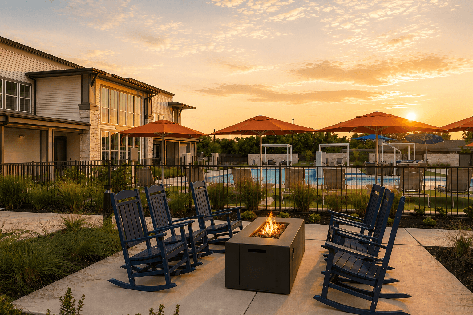 A sunset view of a poolside area with rocking chairs and a fire pit.